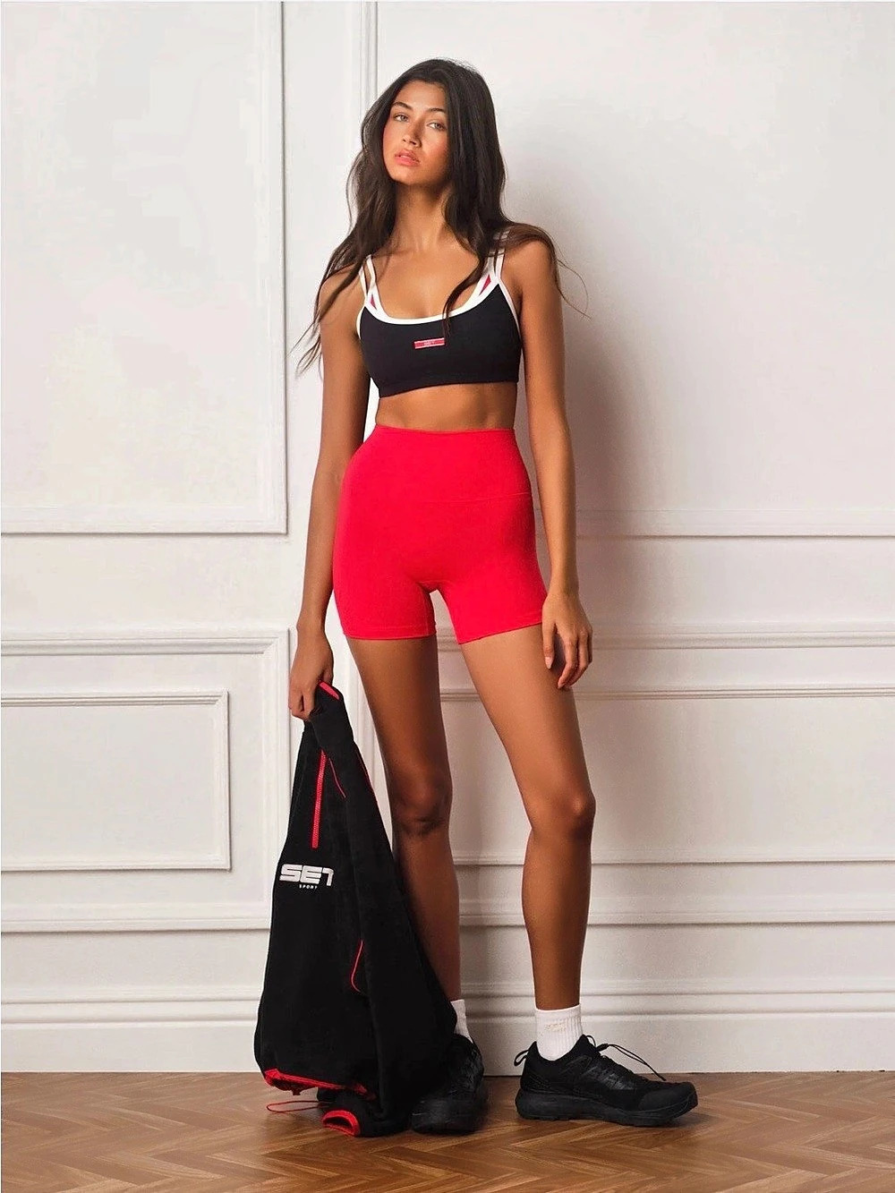 SET Active LuxForm Black Sports Bra & Red Bike Shorts Set Women's small Layered - Picture 1 of 3